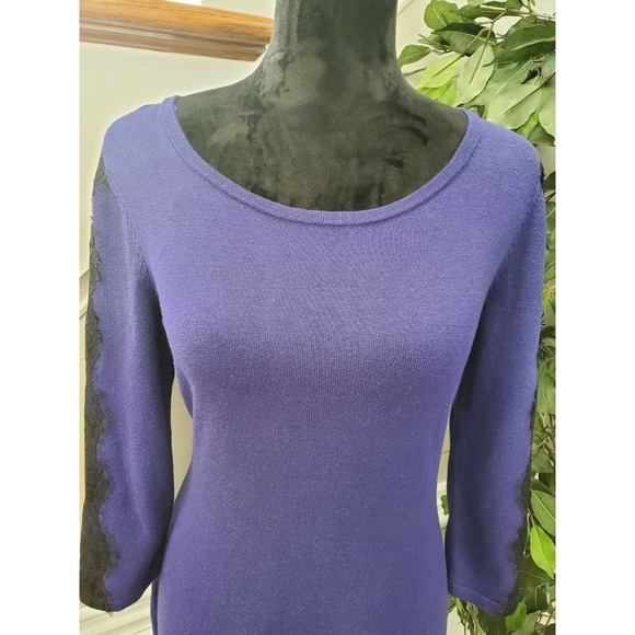 Nine West Women's Solid Blue Cotton Round Neck Long Sleeve Knee Length Dress M - Picture 5 of 11